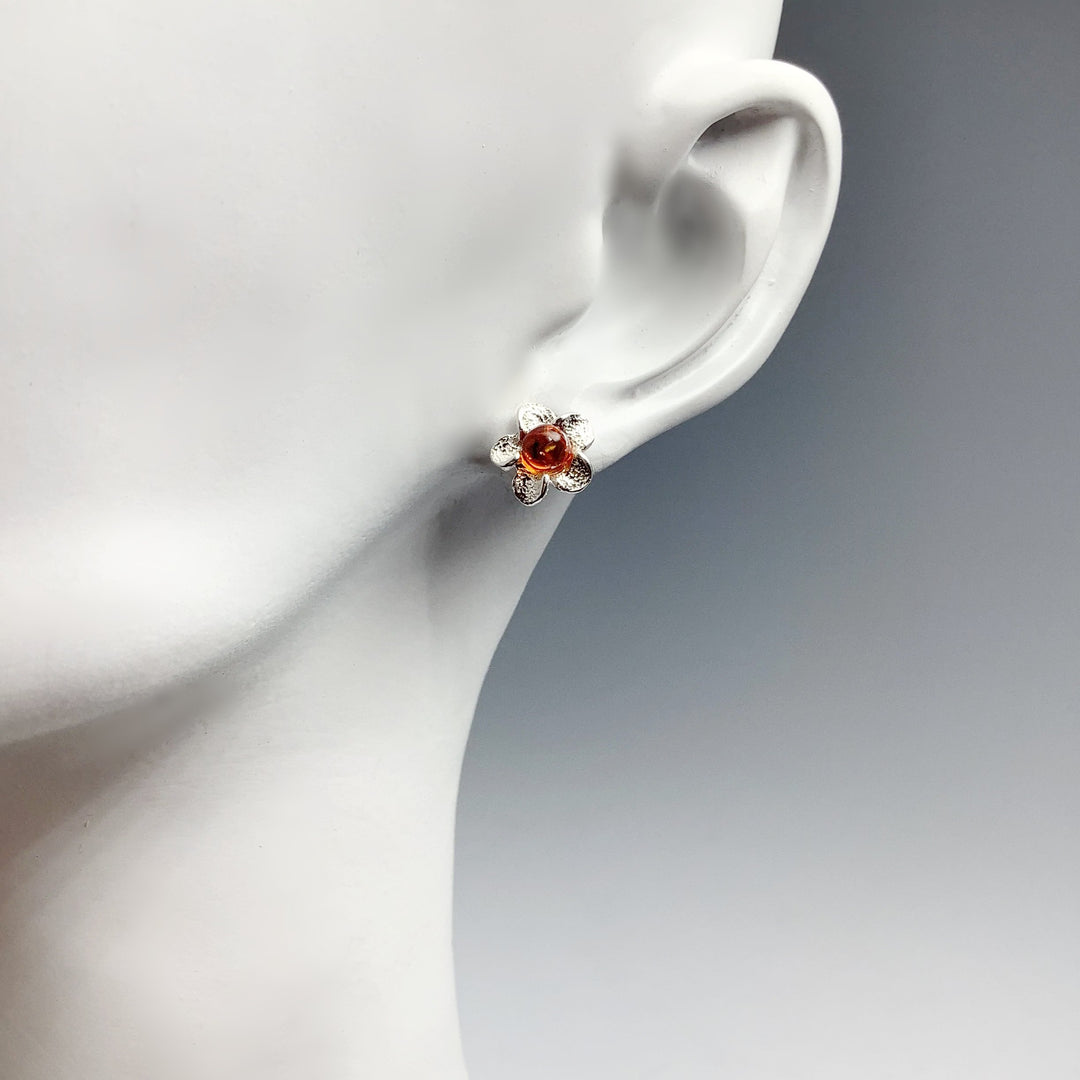 Cognac Amber Flower Stud Earrings