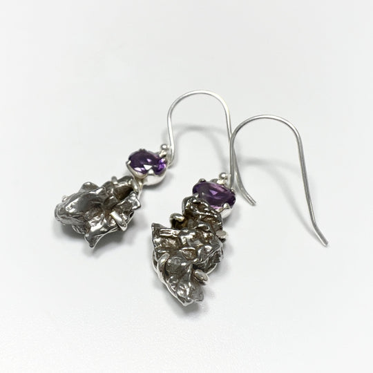 Campo Del Cielo Meteorite and Faceted Amethyst Dangle Earrings