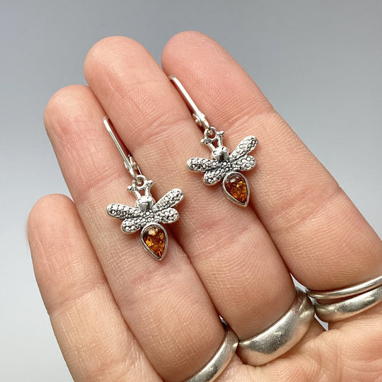 Cognac Amber Bee Dangle Earrings