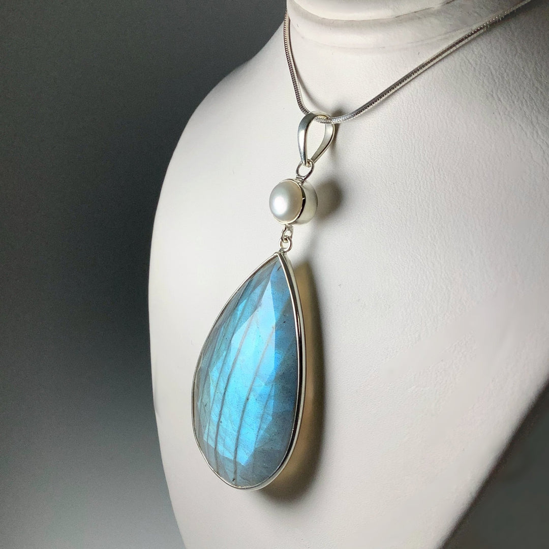 Faceted Labradorite and Pearl Pendant