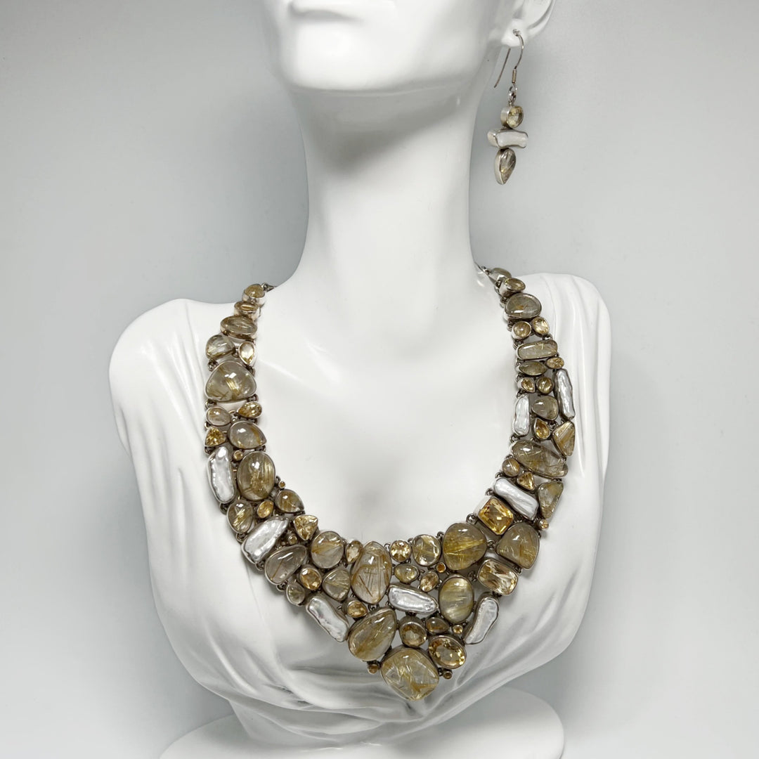 Rutilated Quartz, Citrine and Pearl Necklace and Earrings Set