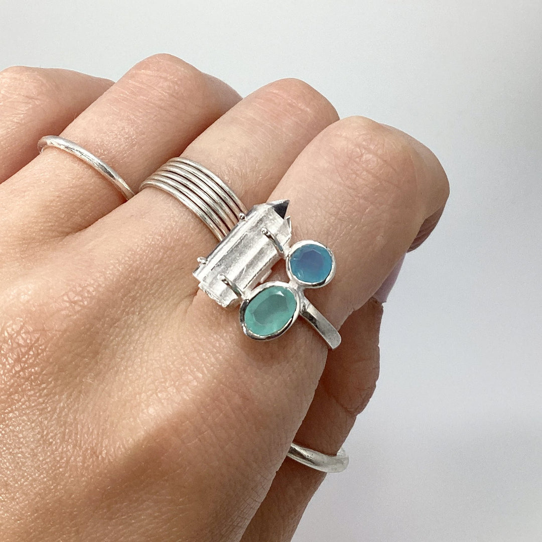 Quartz Point, Green Chalcedony and Blue Chalcedony Ring