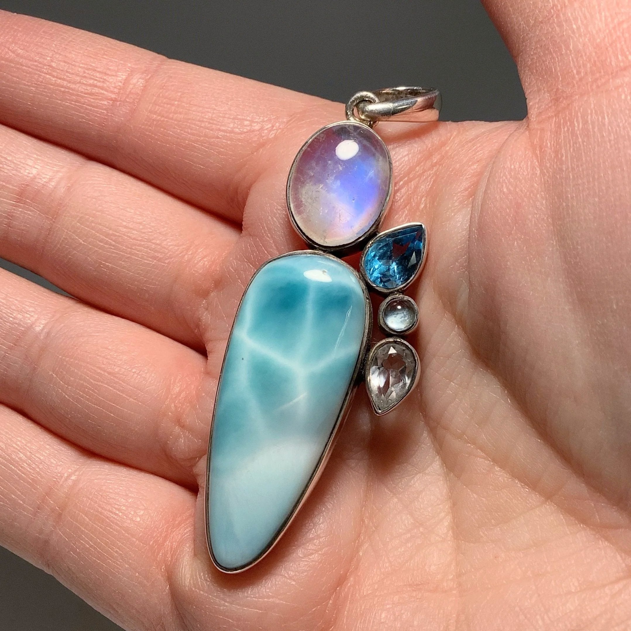 Larimar, Rainbow Moonstone, Aquamarine, Blue Topaz and Clear Topaz Pendant