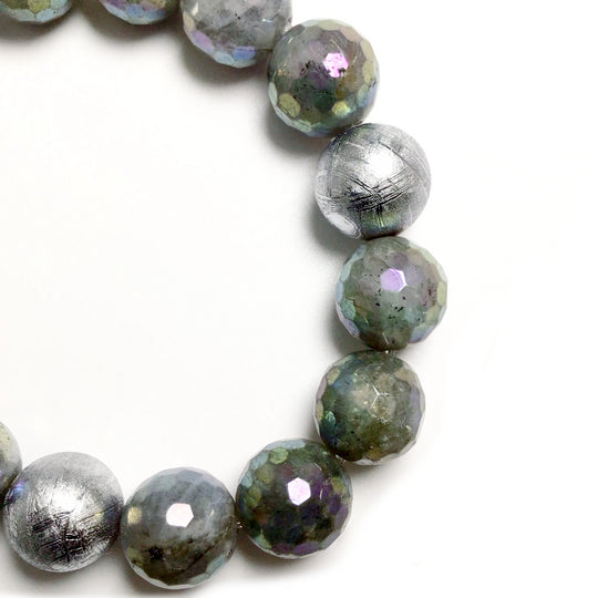 Titanium Plated Faceted Labradorite with Muonionalusta Meteorite Beaded Bracelet