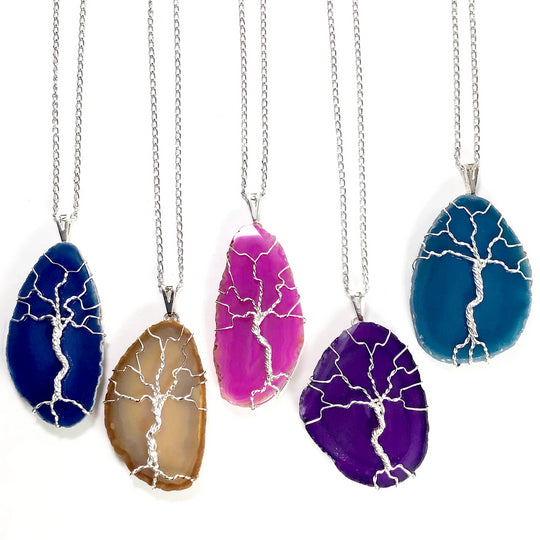 Tree of Life on Agate Slice Necklace - Silver Plated