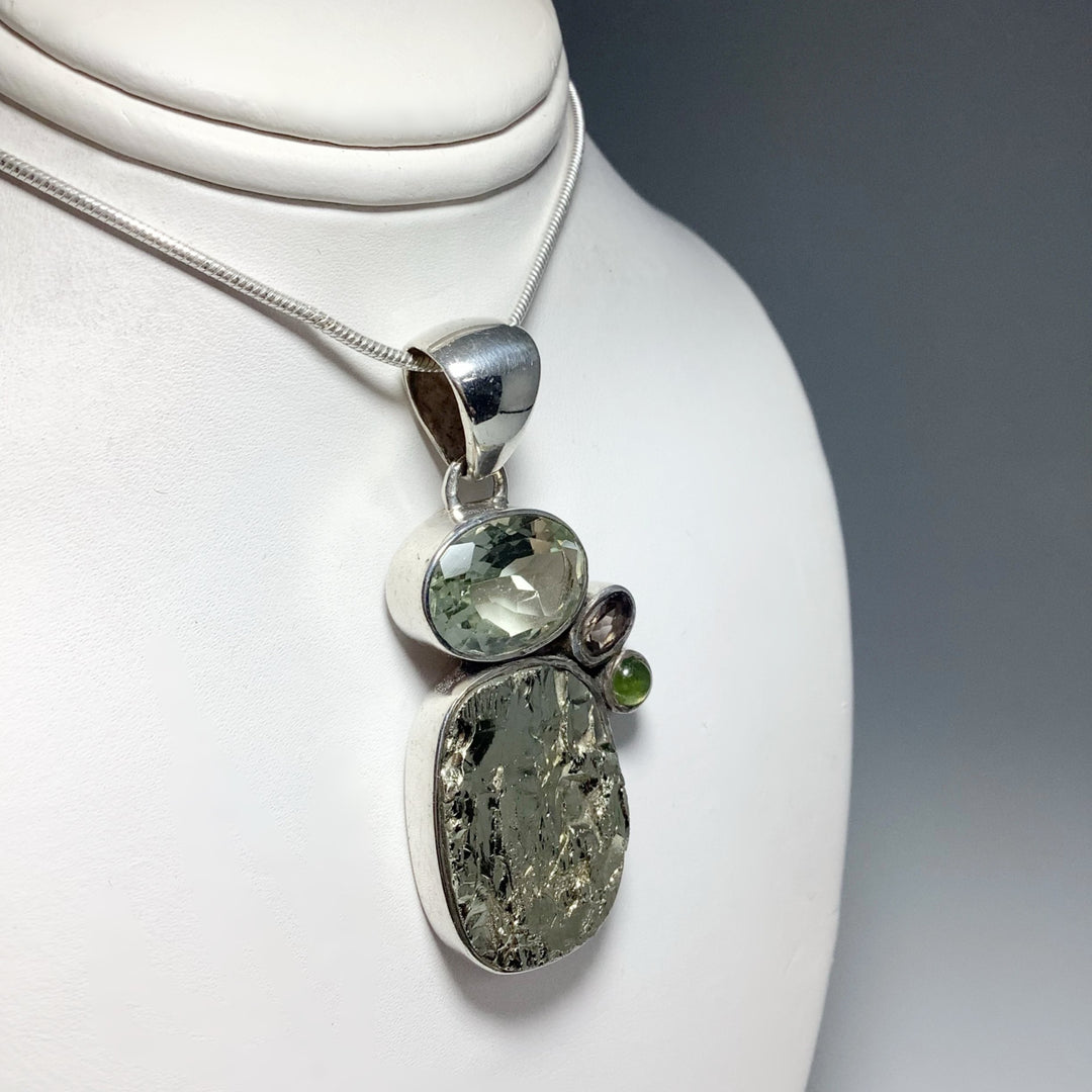 Iron Pyrite, Green Amethyst, Smoky Quartz and Peridot Pendant