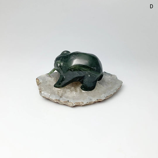 BC Jade Bear with Fish Carving on Natural Agate Base