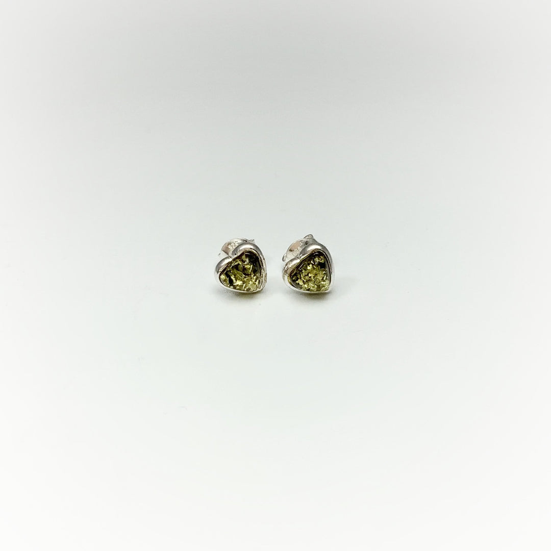 Green Amber Heart Stud Earrings