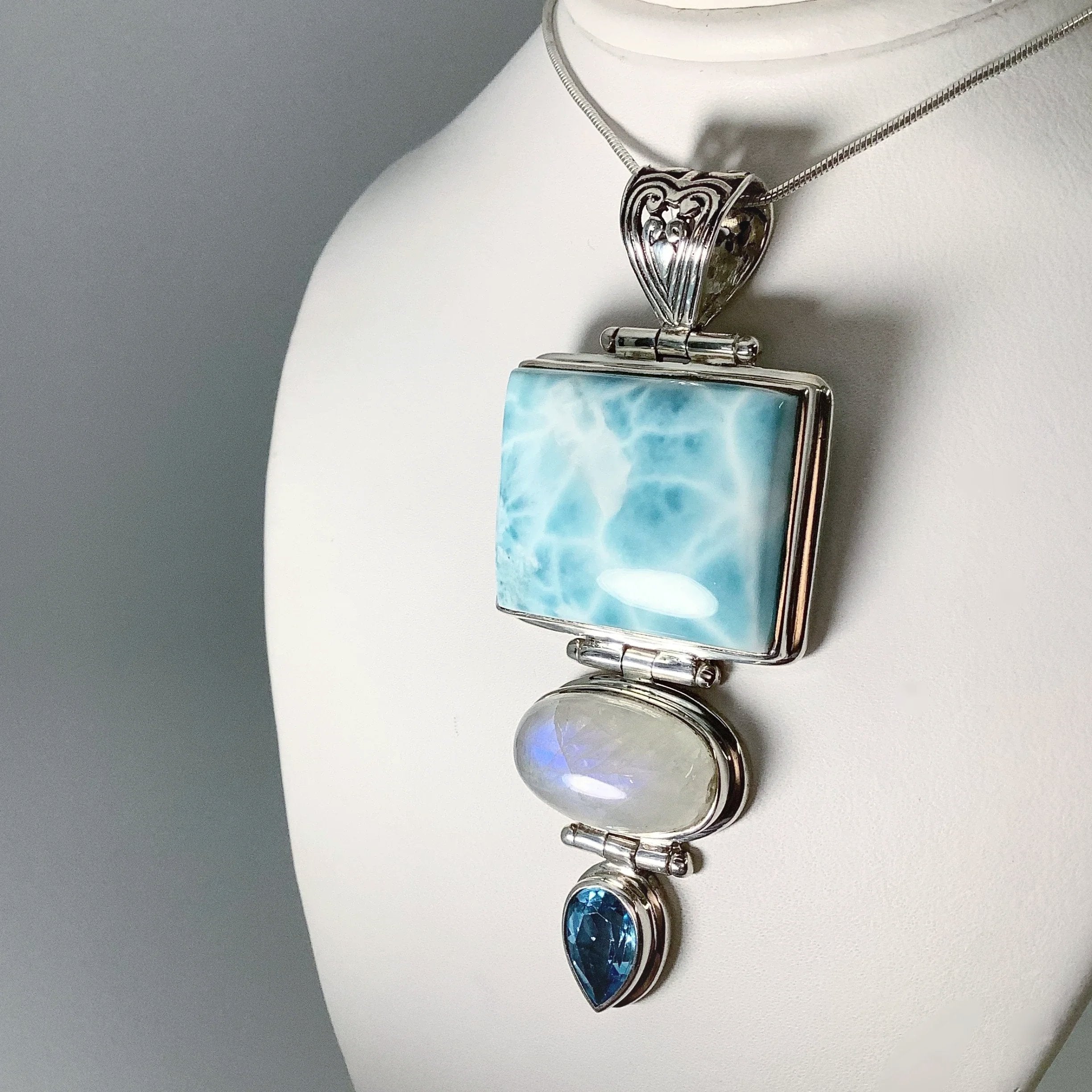 Rough Chrysocolla, Blue 2024 Topaz, Rainbow Moonstone, Cultured Pearl Pendant 1 3/4