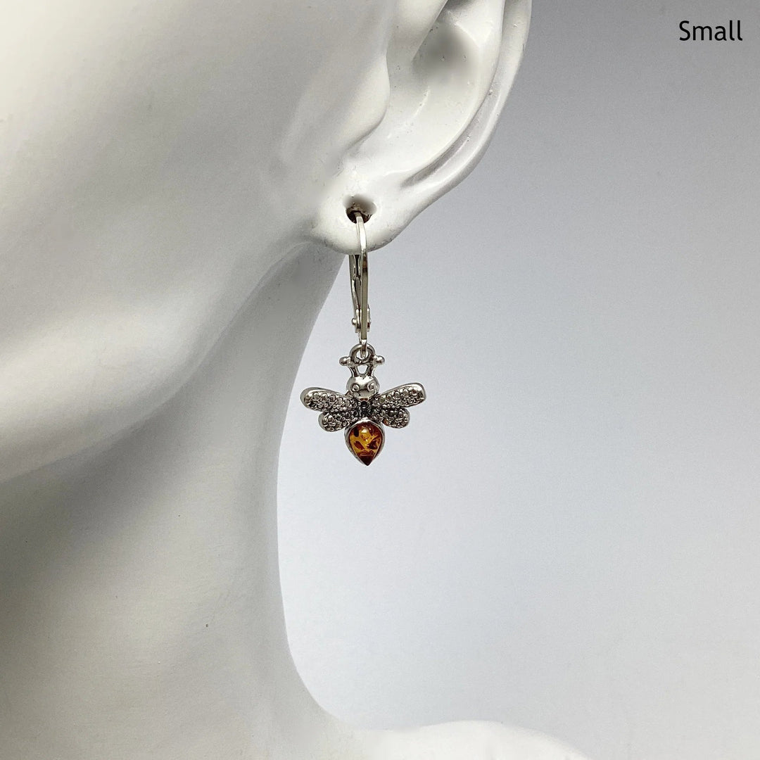 Cognac Amber Bee Dangle Earrings