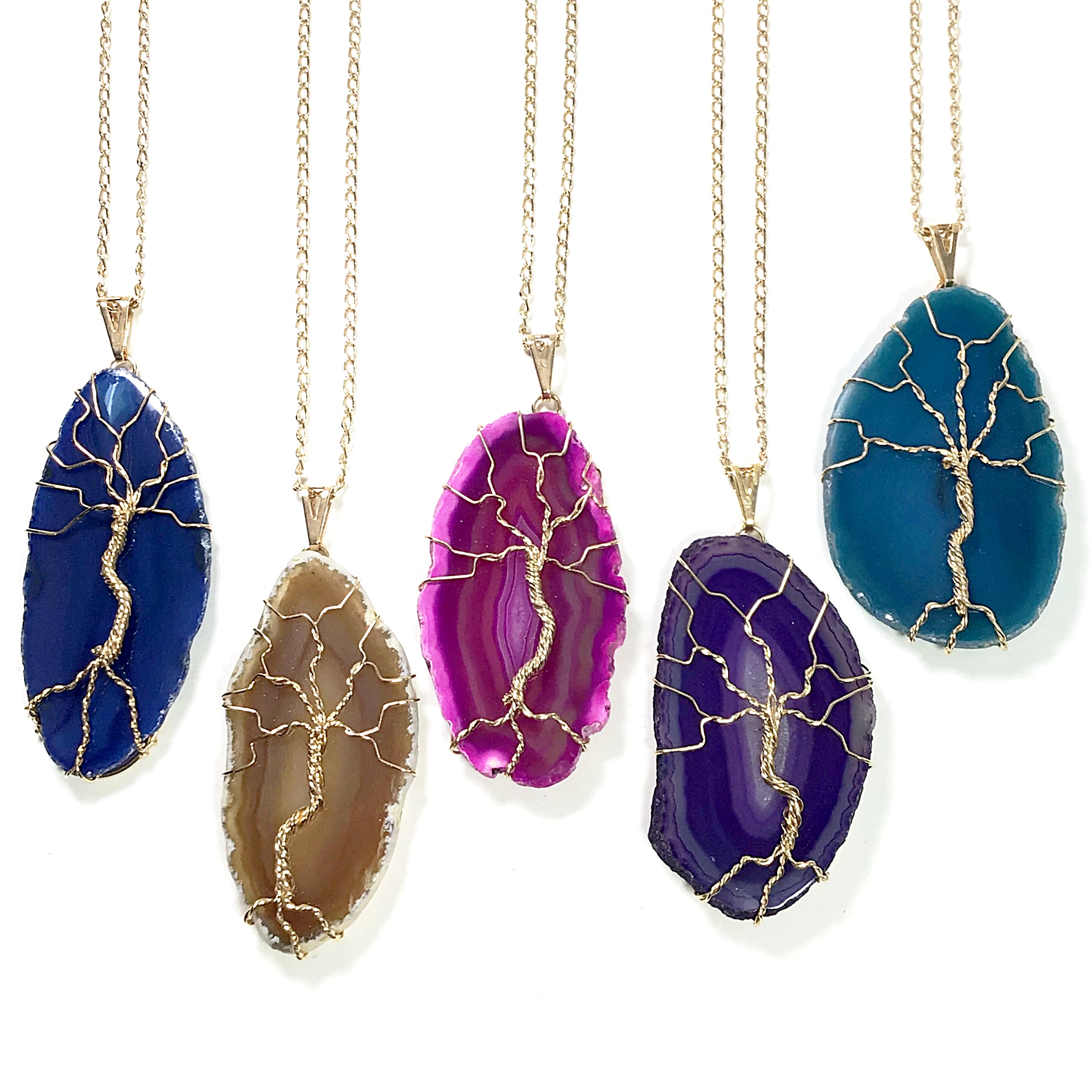 Tree of Life on Agate Slice Necklace - Gold Plated