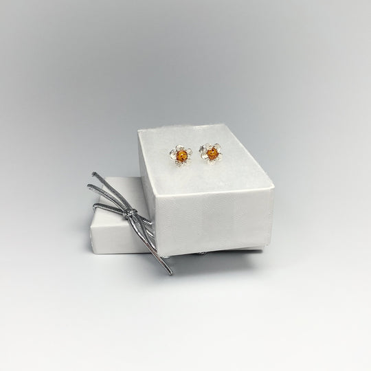 Cognac Amber Flower Stud Earrings