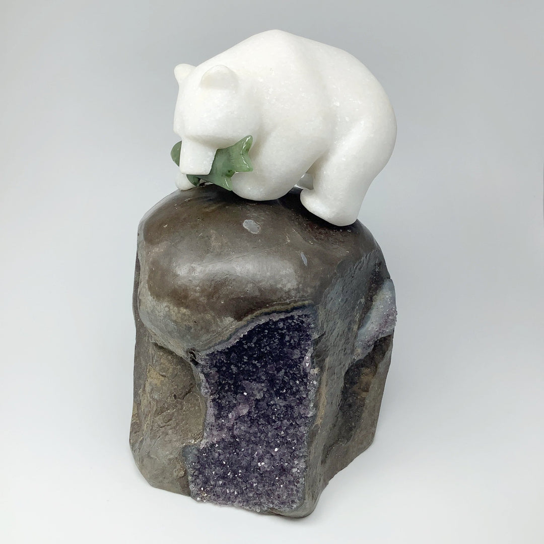 Star Marble Bear Carving with Canadian Jade Fish on Amethyst Base