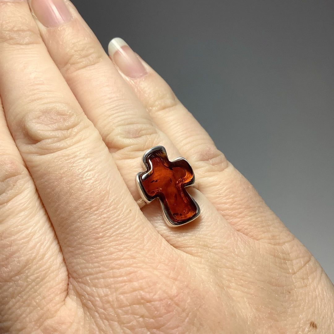 Cognac Amber Cross Ring