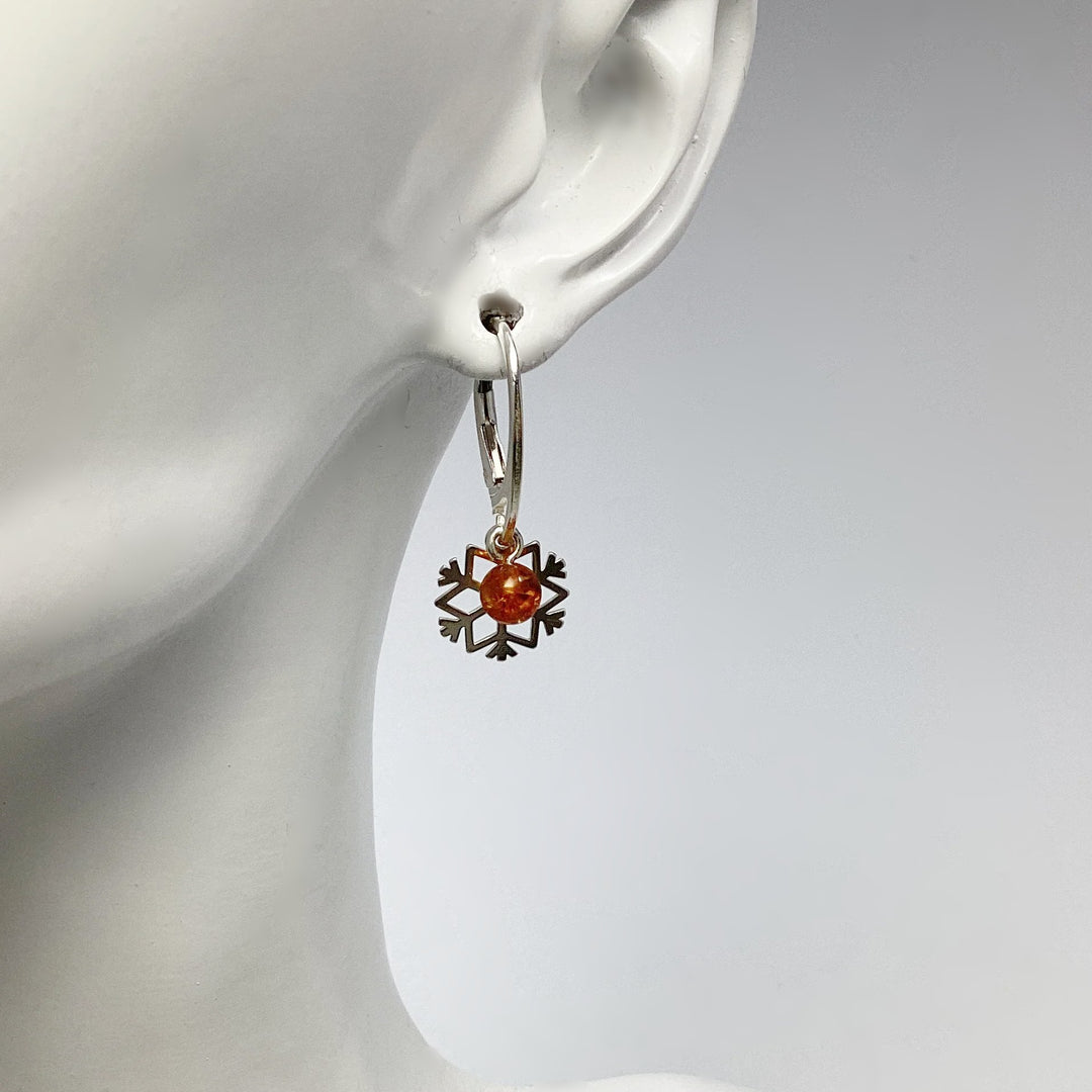 Cognac Amber Snowflake Dangle Earrings