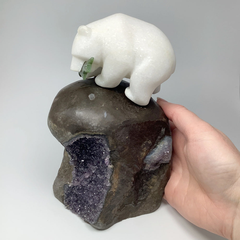 Star Marble Bear Carving with Canadian Jade Fish on Amethyst Base