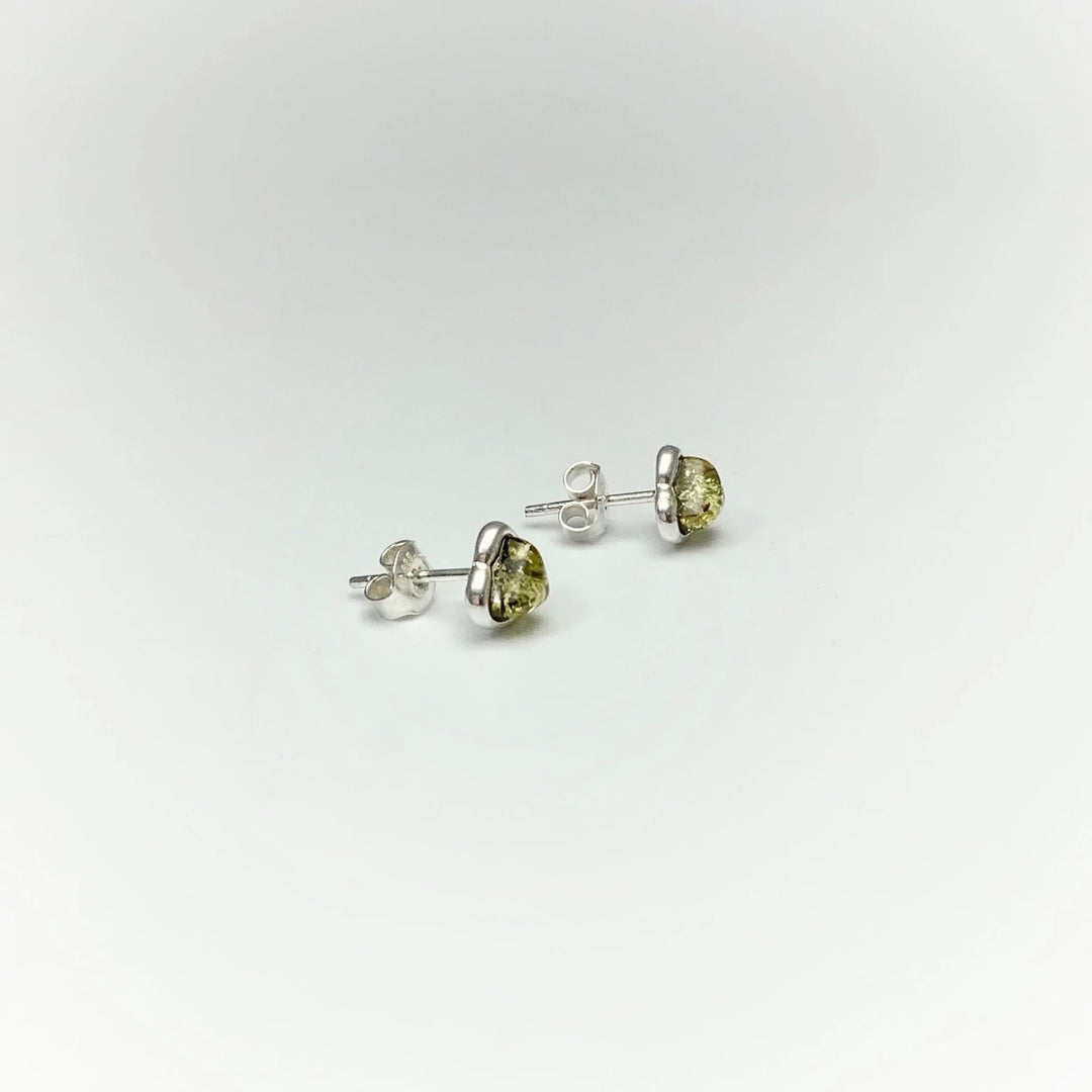 Green Amber Heart Stud Earrings