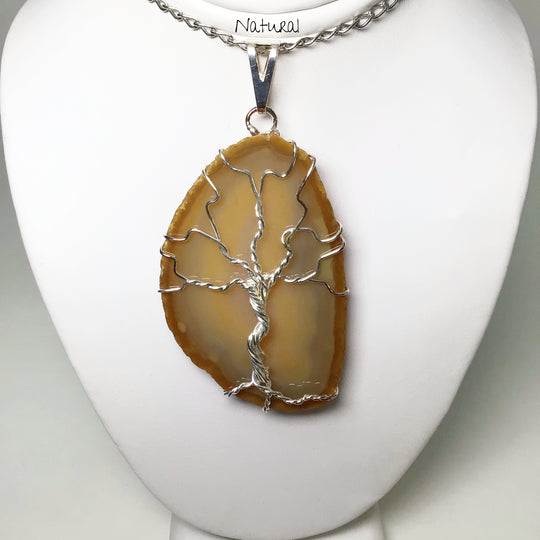 Tree of Life on Agate Slice Necklace - Silver Plated