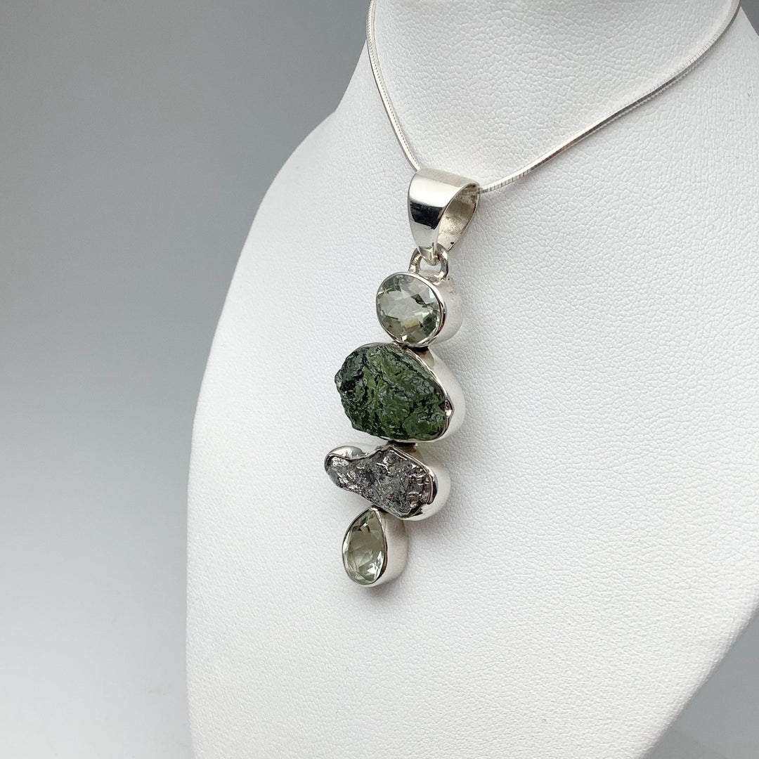 Moldavite with Green Amethyst and Campo Del Cielo Meteorite Pendant