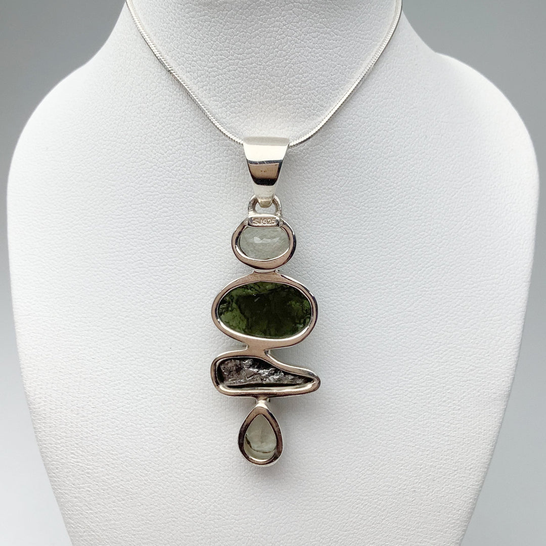 Moldavite with Green Amethyst and Campo Del Cielo Meteorite Pendant