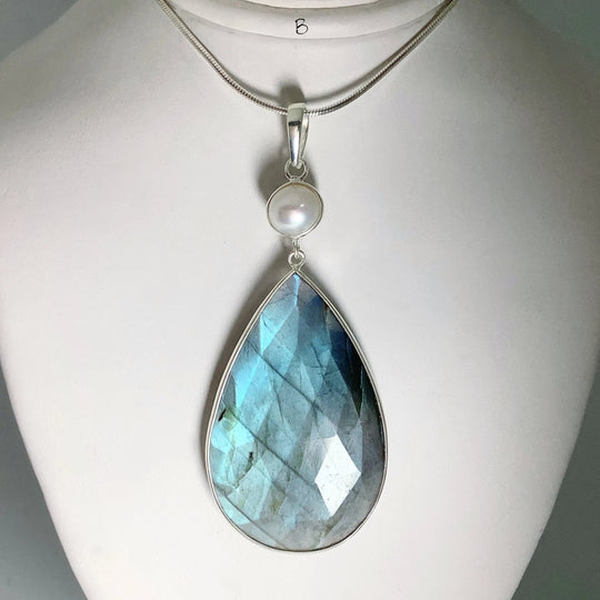 Faceted Labradorite and Pearl Pendant