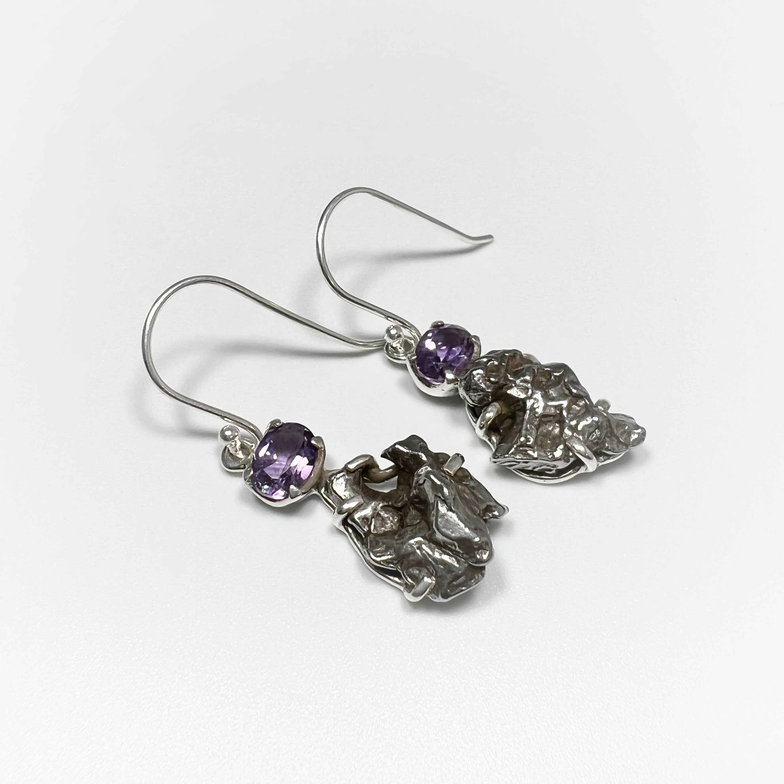 Campo Del Cielo Meteorite and Faceted Amethyst Dangle Earrings