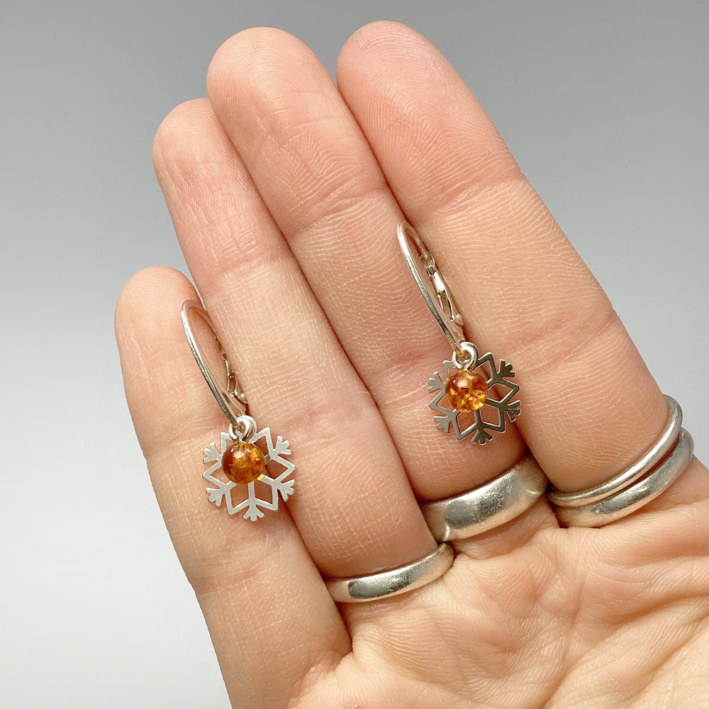 Cognac Amber Snowflake Dangle Earrings