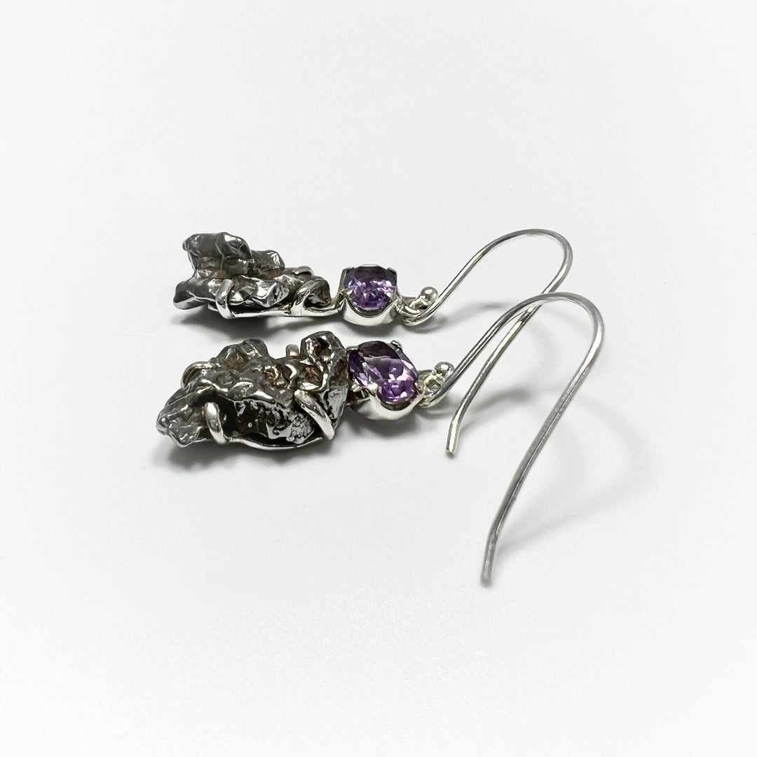 Campo Del Cielo Meteorite and Faceted Amethyst Dangle Earrings