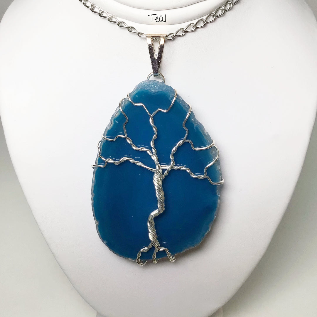 Tree of Life on Agate Slice Necklace - Silver Plated