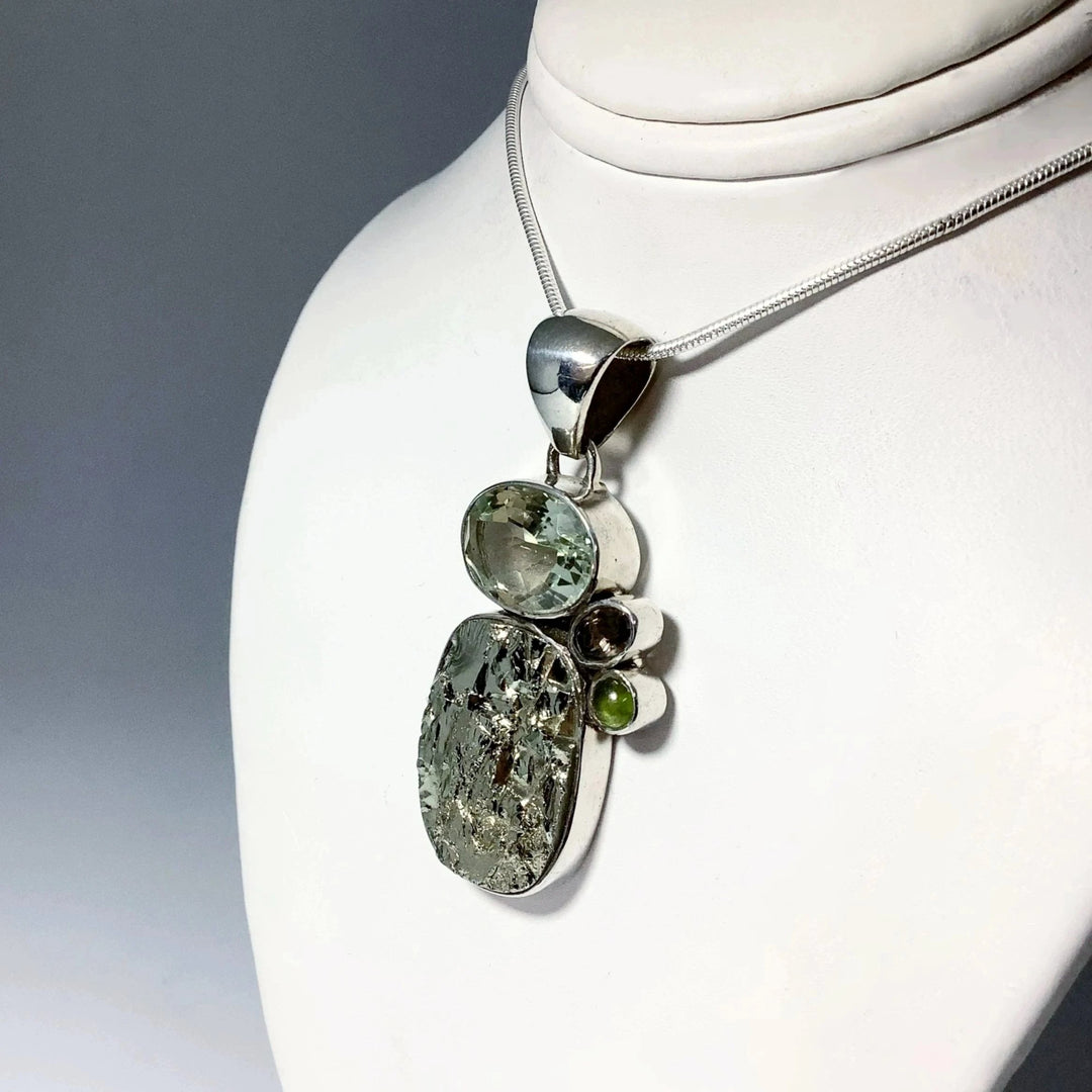 Iron Pyrite, Green Amethyst, Smoky Quartz and Peridot Pendant