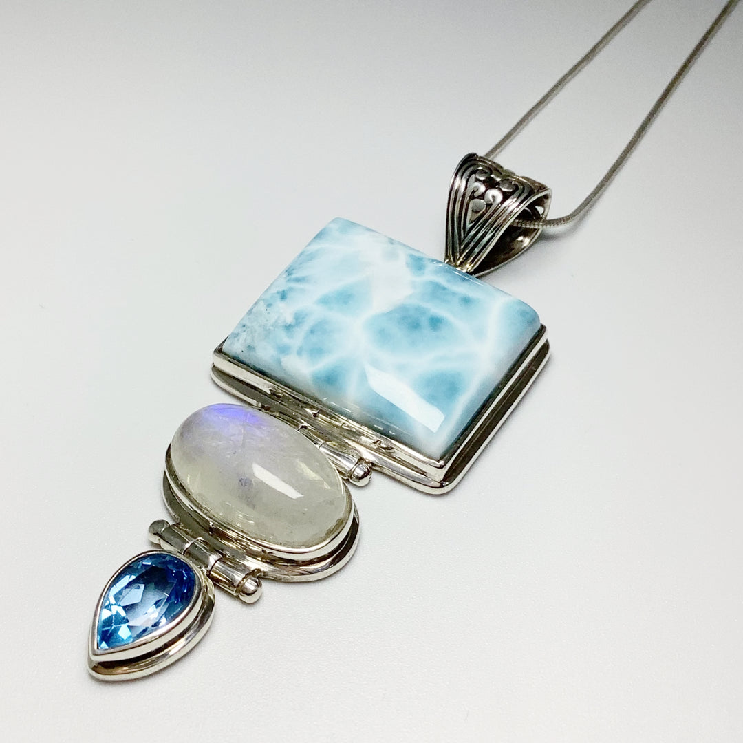 Larimar, Rainbow Moonstone and Blue Topaz Pendant