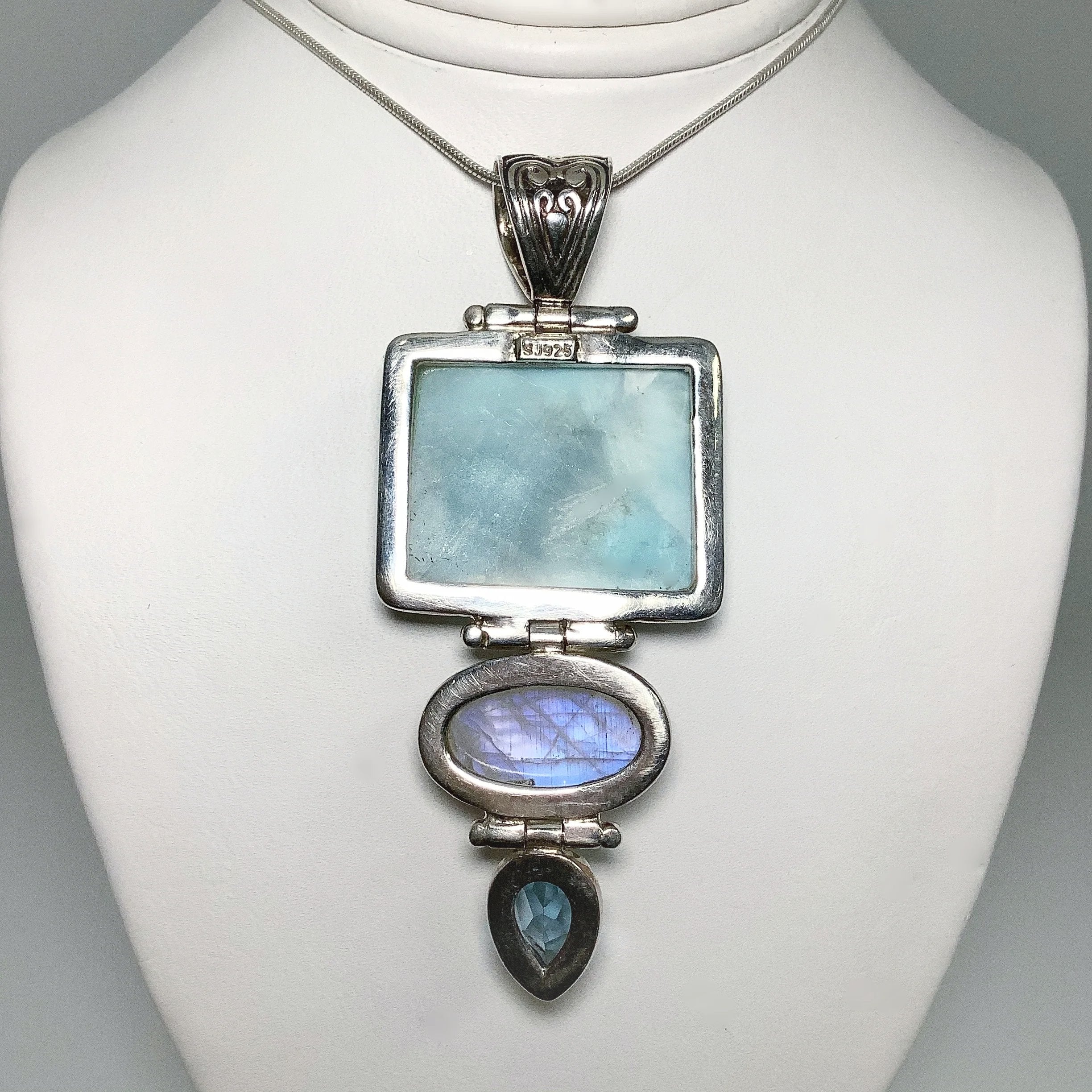 Rough Chrysocolla, Blue Topaz, Rainbow Moonstone, Cultured Pearl Pendant 1 3/4