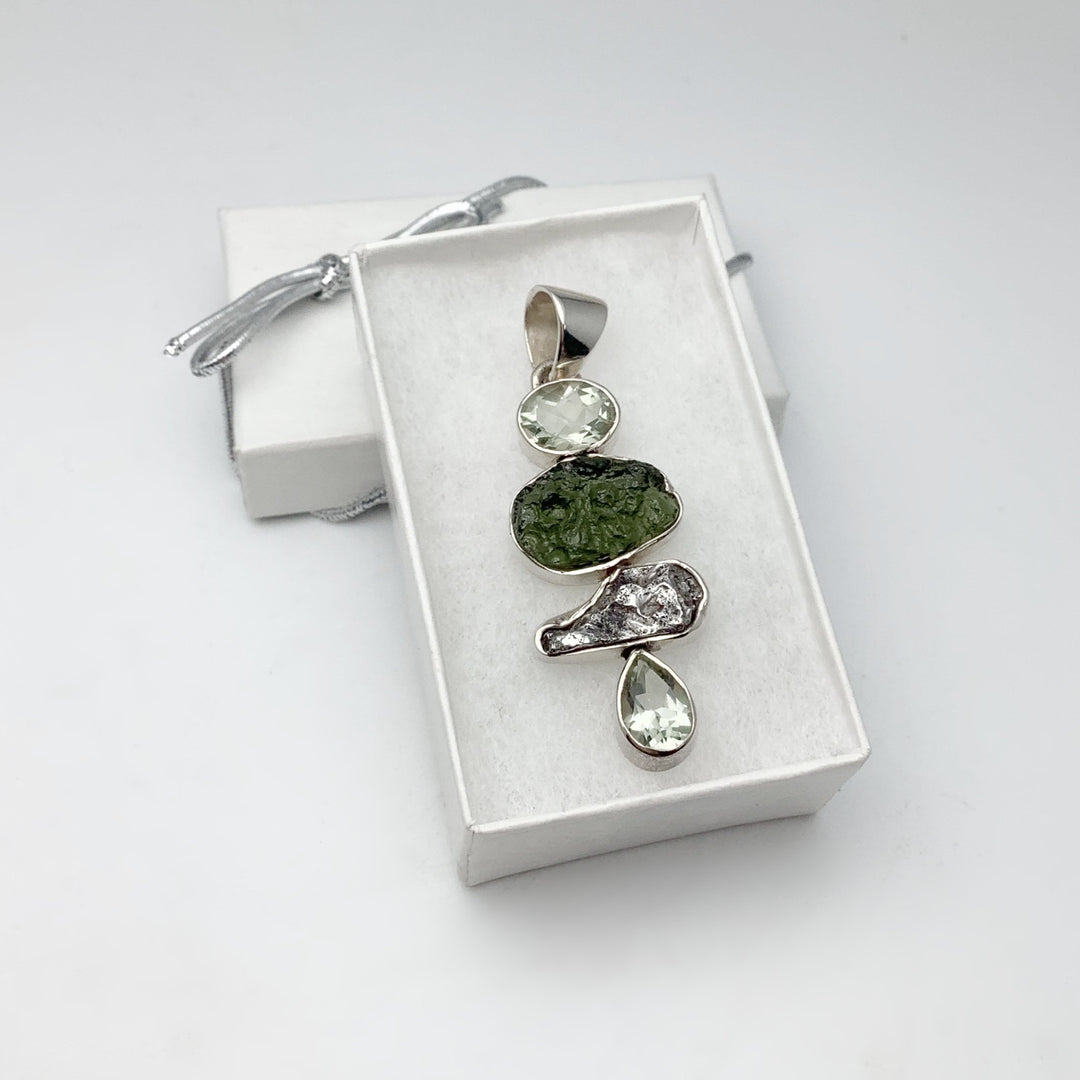 Moldavite with Green Amethyst and Campo Del Cielo Meteorite Pendant