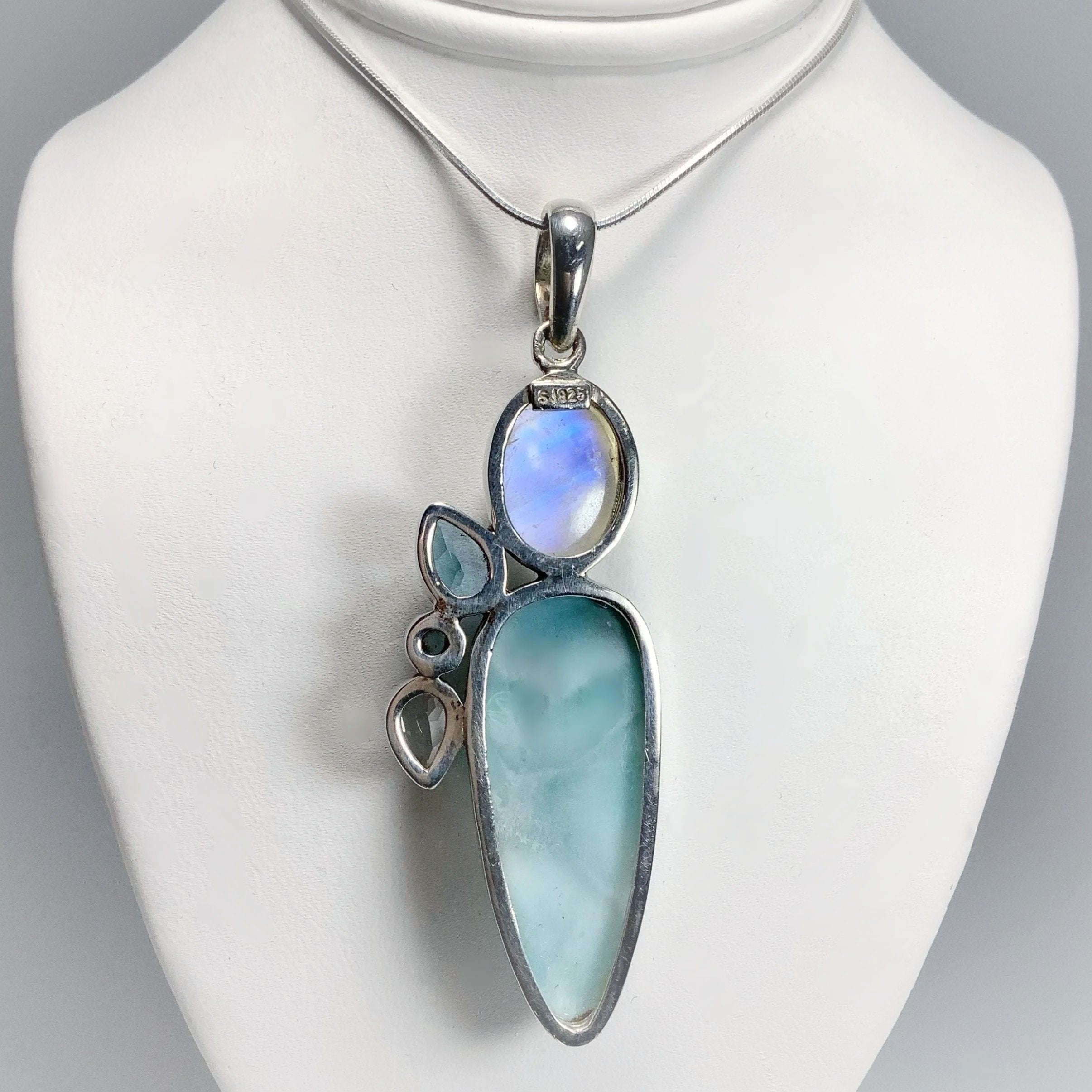 Rough Black Tourmaline, Rainbow Moonstone, Blue Topaz Pendant 1 7/8