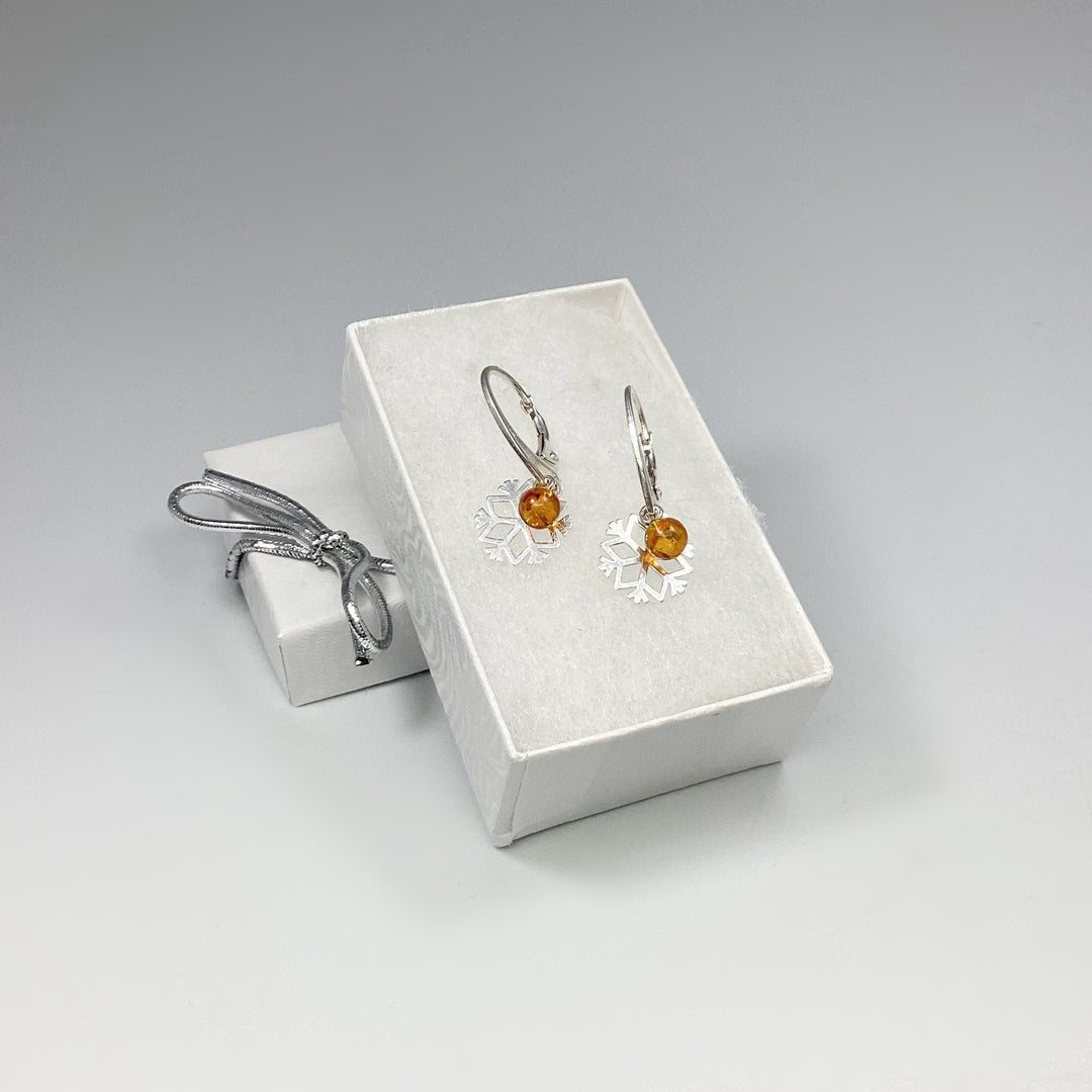 Cognac Amber Snowflake Dangle Earrings