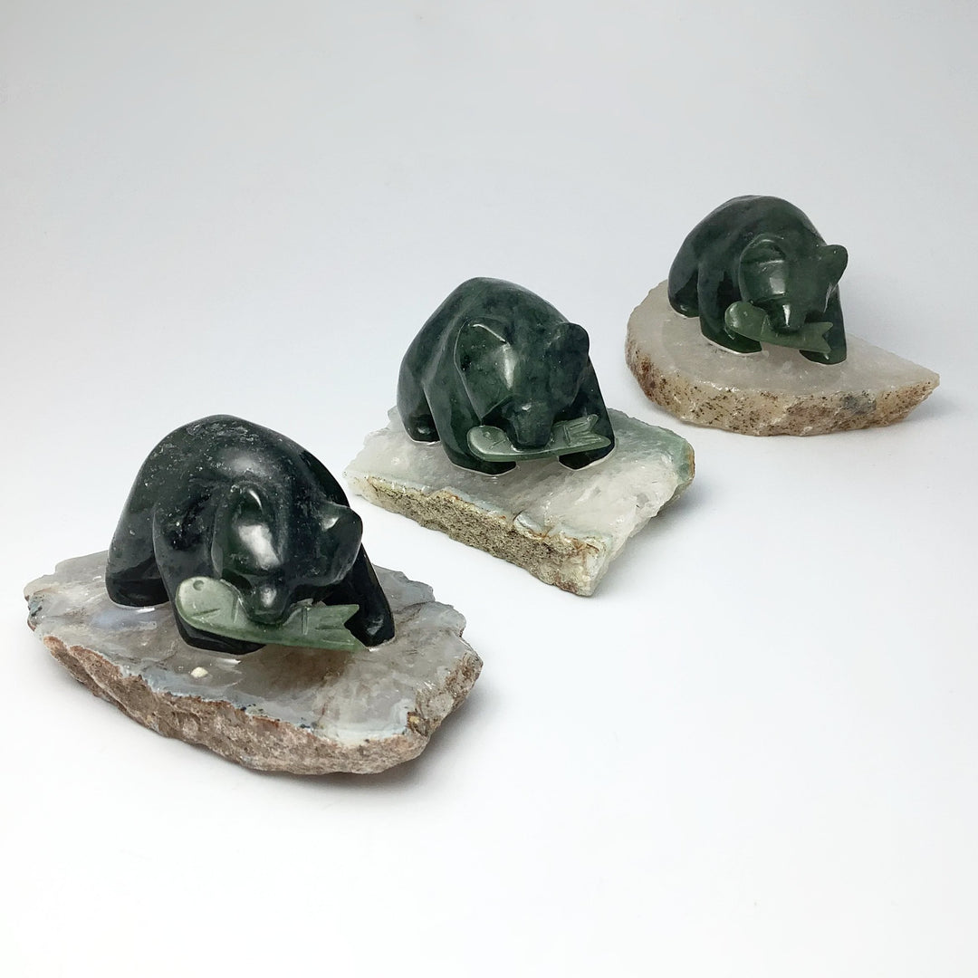 BC Jade Bear with Fish Carving on Natural Agate Base