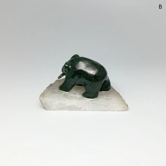 BC Jade Bear with Fish Carving on Natural Agate Base