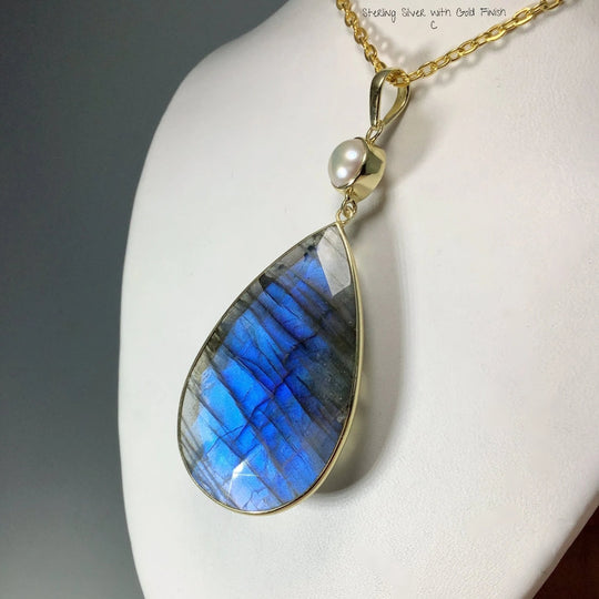 Faceted Labradorite and Pearl Pendant