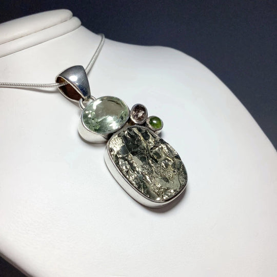 Iron Pyrite, Green Amethyst, Smoky Quartz and Peridot Pendant