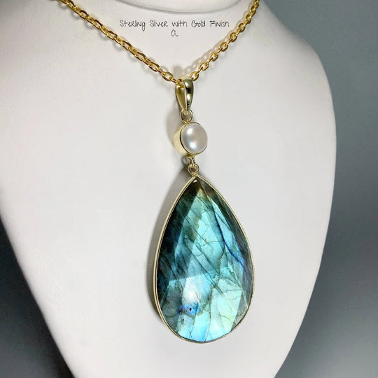 Faceted Labradorite and Pearl Pendant