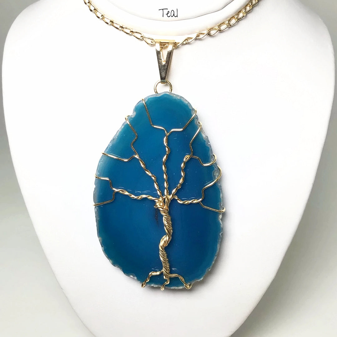 Tree of Life on Agate Slice Necklace - Gold Plated