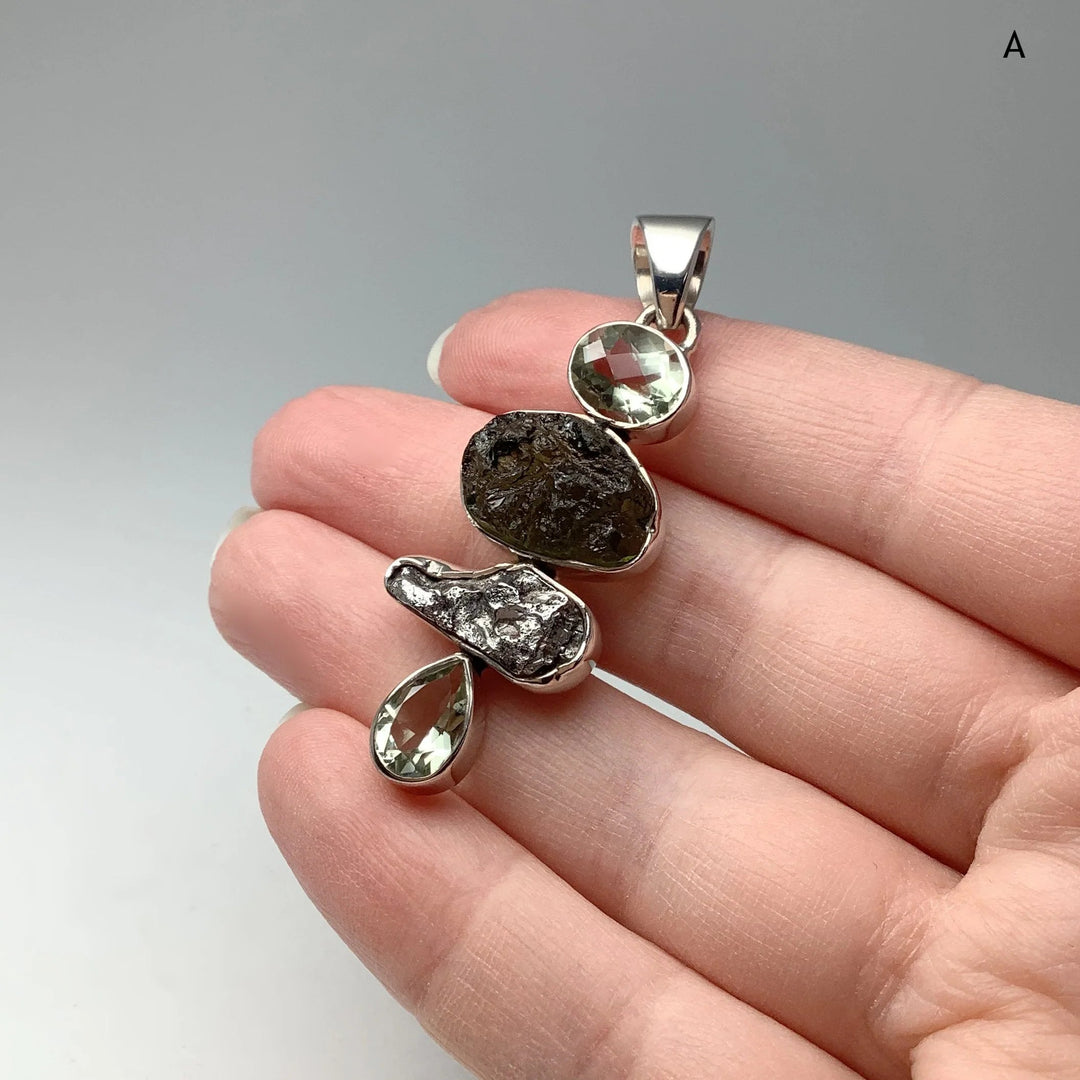 Moldavite with Green Amethyst and Campo Del Cielo Meteorite Pendant