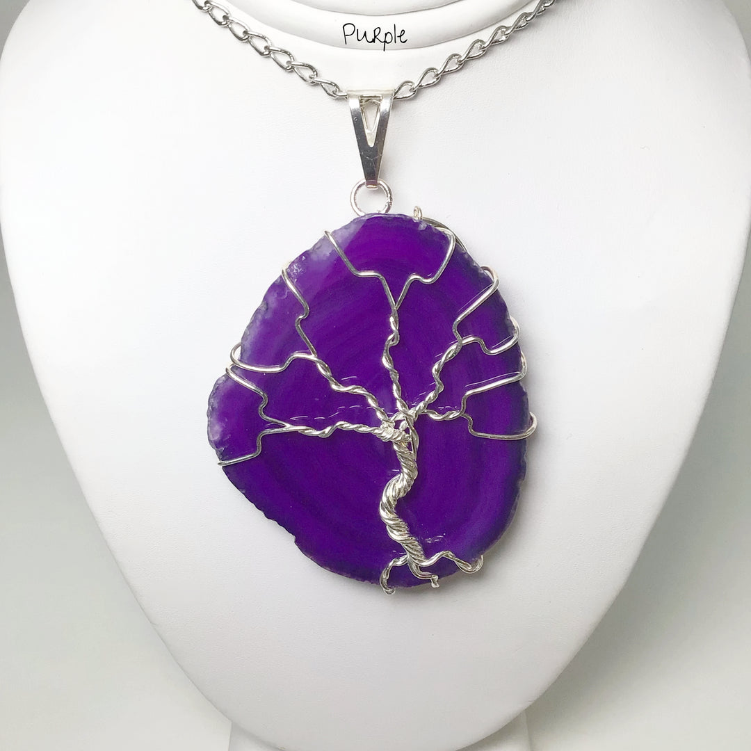 Tree of Life on Agate Slice Necklace - Silver Plated