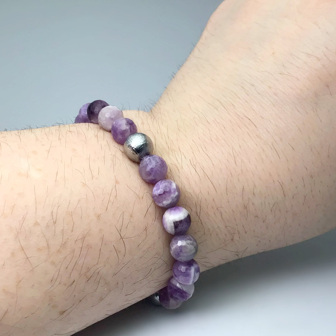 Faceted Chevron Amethyst with Muonionalusta Meteorite Beaded Bracelet - 8mm