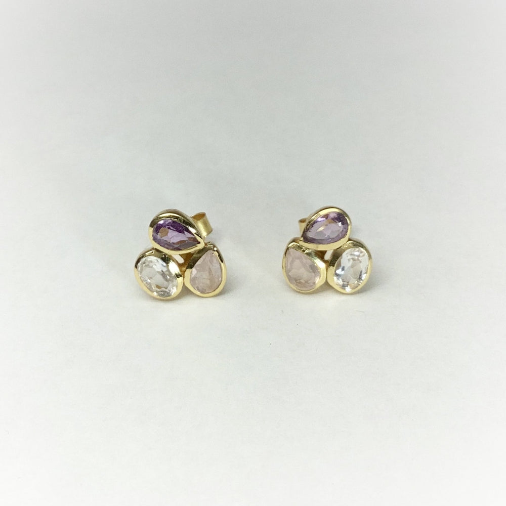 Clear Quartz, Rose Quartz and Amethyst Stud Earrings