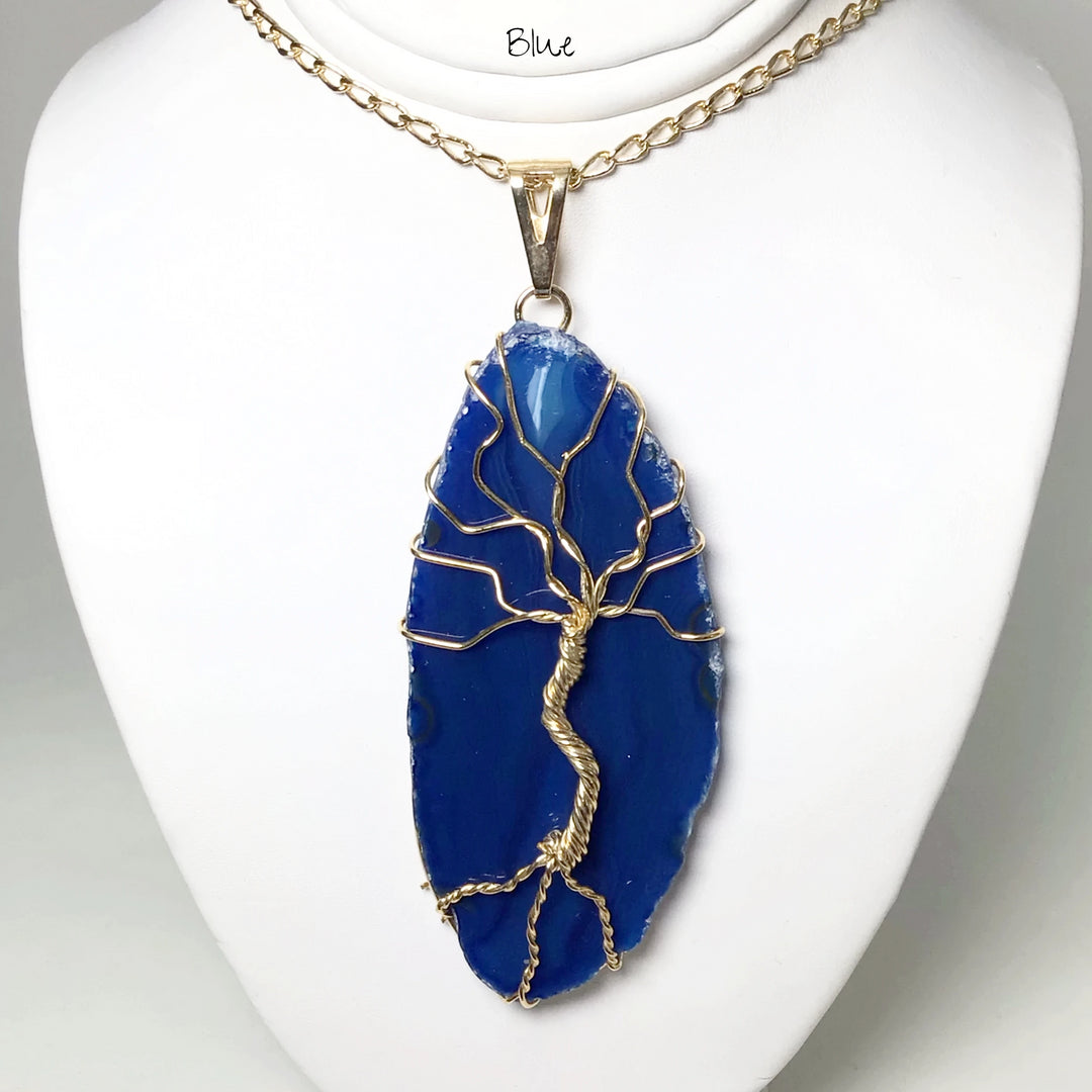 Tree of Life on Agate Slice Necklace - Gold Plated