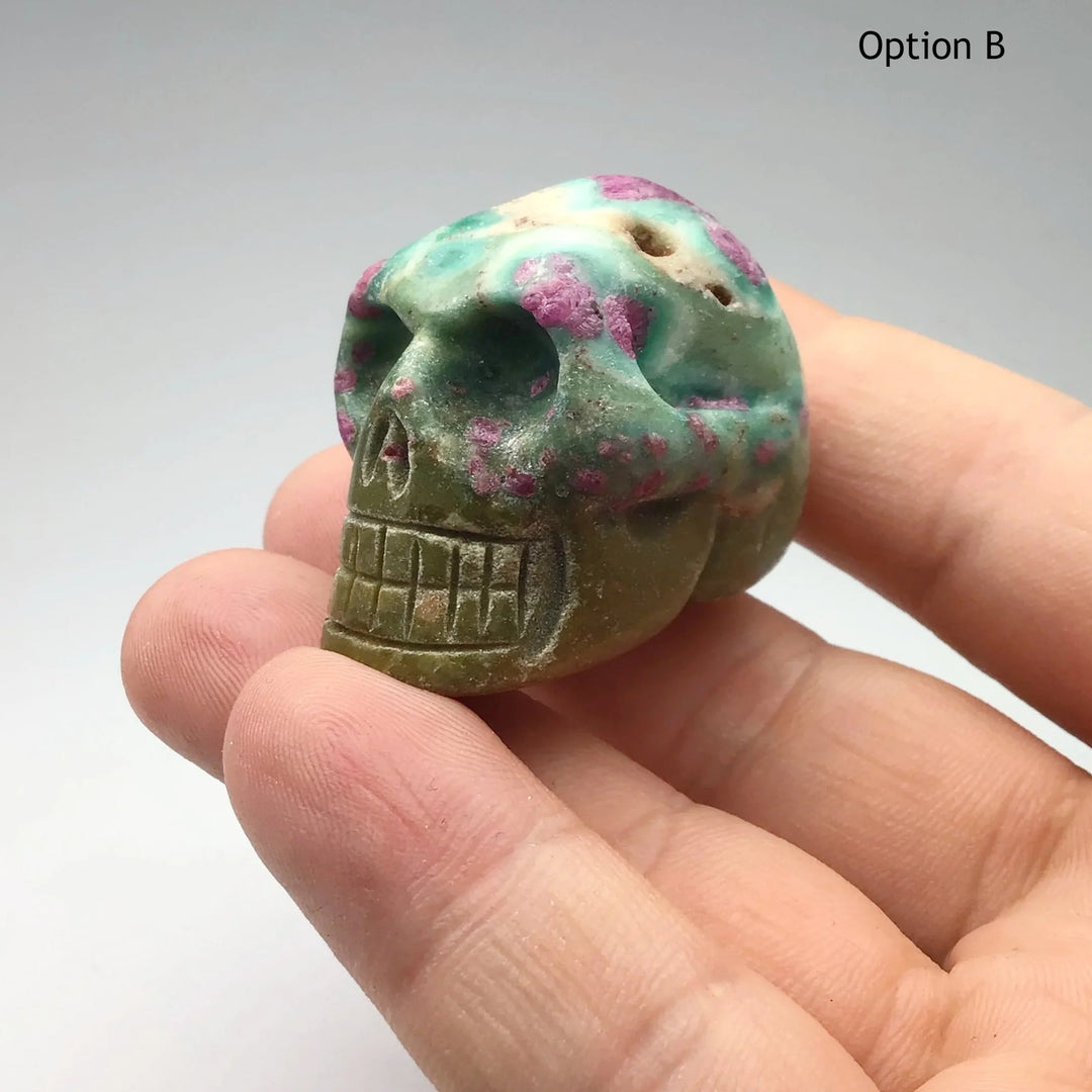 Carved Ruby Fuchsite Skull at $75 Each