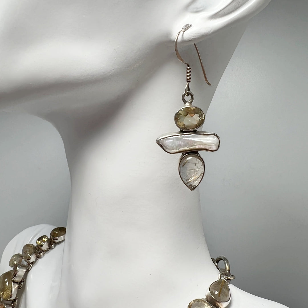 Rutilated Quartz, Citrine and Pearl Necklace and Earrings Set